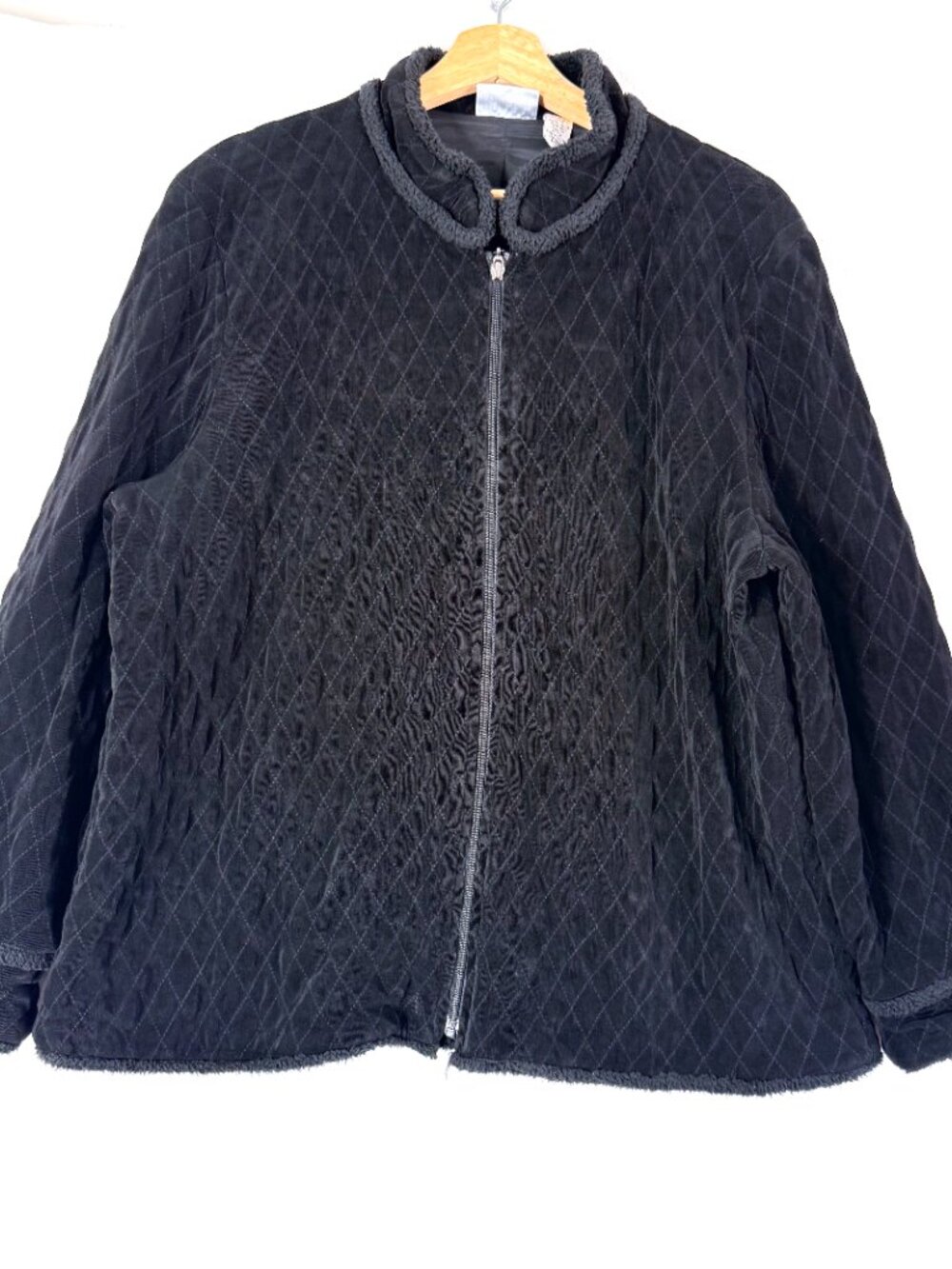Chicos Travelers Diamond Quilted Sherpa Trim Zip Mock Neck Front Jacket XL Black